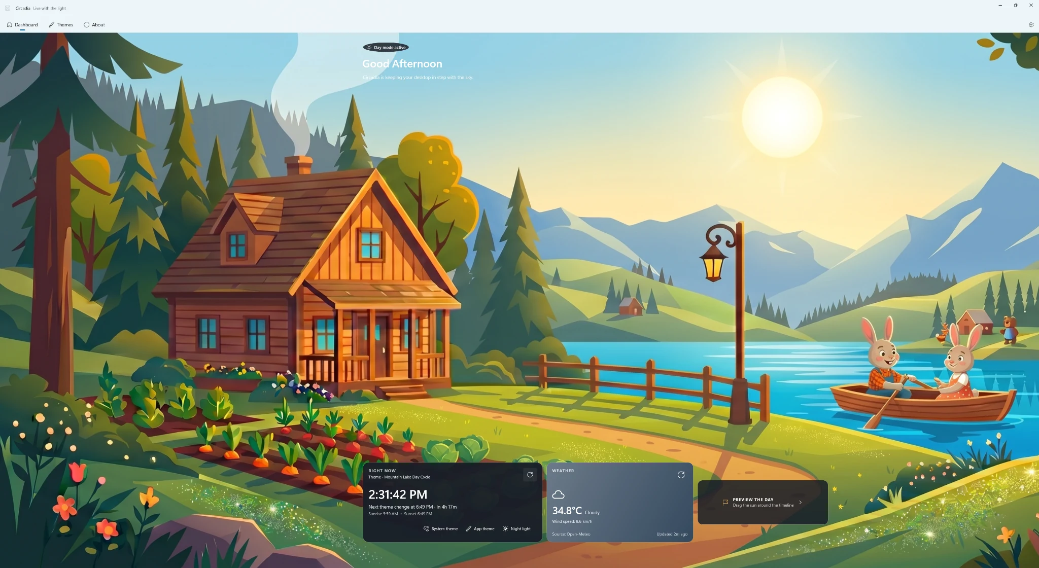 Circadia desktop dashboard showing an afternoon mountain lake wallpaper, time information, weather, and day-preview controls.