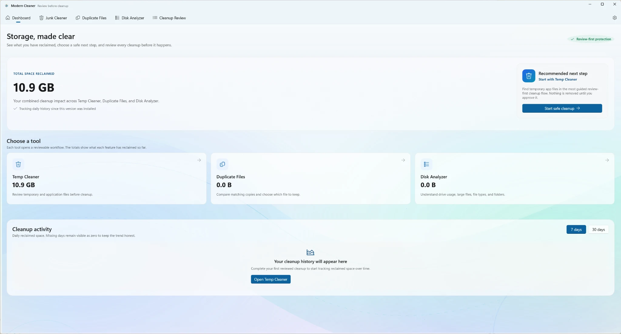 Modern Cleaner dashboard showing total reclaimed storage, a recommended next step, Temp Cleaner, Duplicate Files, Disk Analyzer, and cleanup activity.